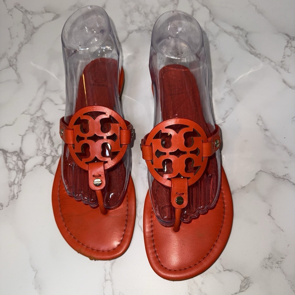 Authentic Tory Burch Orange Miller Leather Sandals 8.5M Medallion Logo